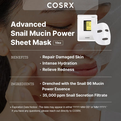 COSRX Mask Advanced Snail Mucin Power Sheet – Intensive Hydration & Skin Repair